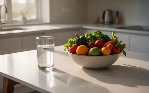 Ein minimalistisch gedeckter Küchentisch mit einem Glas Wasser und einer Schale mit frischem Gemüse im sanften Morgenlicht. - Foto: über boerse-global.de