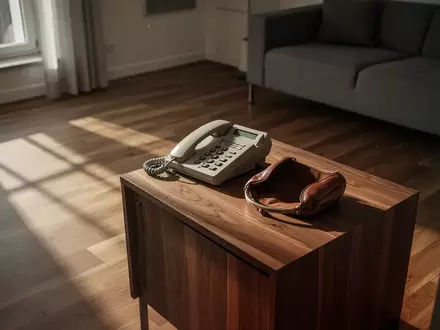 Ein leeres Wohnzimmer mit einem alten Festnetztelefon auf einem Beistelltisch vor einem Fenster. - Foto: über boerse-global.de