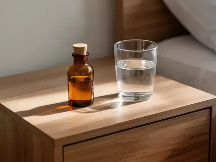 Ein kleines Braunglasfläschchen und ein Glas Wasser auf einem Nachttisch im weichen Morgenlicht. - Foto: über boerse-global.de