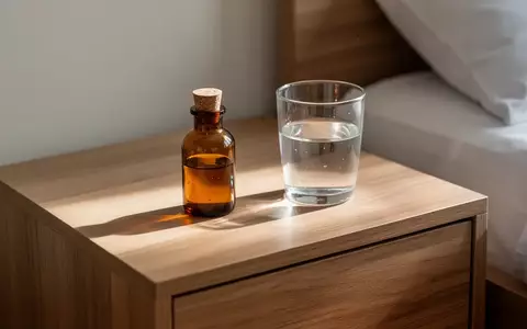 Ein kleines Braunglasfläschchen und ein Glas Wasser auf einem Nachttisch im weichen Morgenlicht. - Foto: über boerse-global.de
