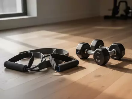 Hanteln und Widerstandsbänder auf einem Holzboden in einem hellen Raum zur Darstellung von Krafttraining und Fitness. - Foto: über boerse-global.de