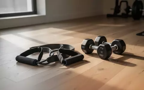 Hanteln und Widerstandsbänder auf einem Holzboden in einem hellen Raum zur Darstellung von Krafttraining und Fitness. - Foto: über boerse-global.de