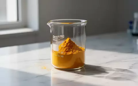 Ein Glasbecher mit gelbem Kurkumapulver auf einem weißen Labortisch bei natürlichem Licht. - Foto: über boerse-global.de