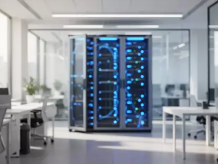 Moderne Büroarchitektur mit verschwommenen Server-Racks im Hintergrund als Symbol für KI und Big Data. - Foto: über boerse-global.de