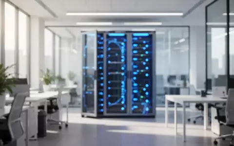 Moderne Büroarchitektur mit verschwommenen Server-Racks im Hintergrund als Symbol für KI und Big Data. - Foto: über boerse-global.de