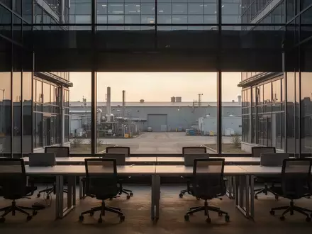 Moderne Büro- und Industriegebäude in der Abenddämmerung, die die betriebliche Umgebung für Altersteilzeitregelungen symbolisieren. - Foto: über boerse-global.de