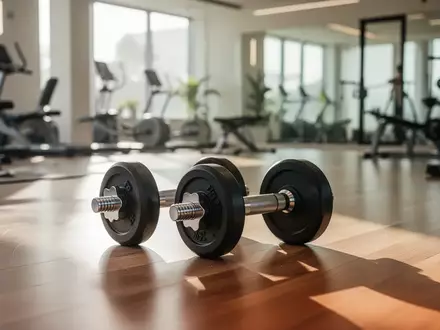 Zwei Hanteln auf einem hellen Holzboden in einem modernen Fitnessstudio bei natürlichem Lichteinfall. - Foto: über boerse-global.de