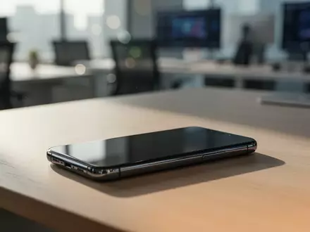 Ein modernes Smartphone liegt auf einem hölzernen Schreibtisch in einem hellen Büro, das Display ist dunkel. - Foto: über boerse-global.de