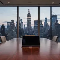 Ein minimalistisch gestalteter Konferenzraum in einer modernen Anwaltskanzlei bei Dämmerung mit Blick auf die Skyline. - Foto: über boerse-global.de