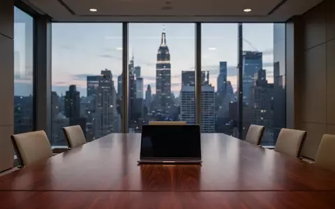 Ein minimalistisch gestalteter Konferenzraum in einer modernen Anwaltskanzlei bei Dämmerung mit Blick auf die Skyline. - Foto: über boerse-global.de
