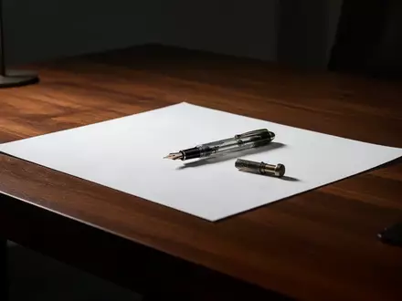 Ein leerer Schreibtisch mit einem Füllfederhalter und einem leeren Blatt Papier in einer ruhigen, atmosphärischen Umgebung. - Foto: über boerse-global.de