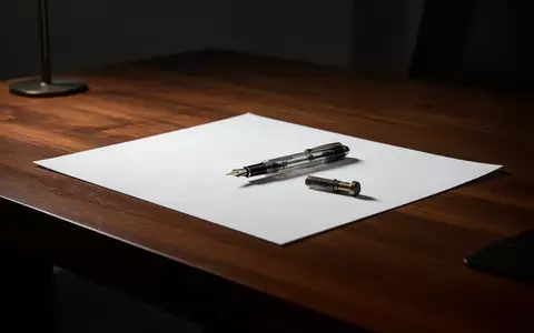Ein leerer Schreibtisch mit einem Füllfederhalter und einem leeren Blatt Papier in einer ruhigen, atmosphärischen Umgebung. - Foto: über boerse-global.de