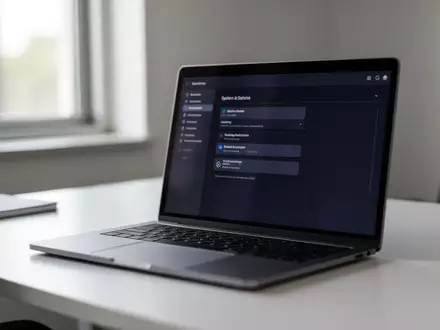 Ein moderner Schreibtisch mit einem Laptop, auf dessen Bildschirm verschwommene Systemeinstellungen zu sehen sind. - Foto: über boerse-global.de