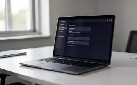Ein moderner Schreibtisch mit einem Laptop, auf dessen Bildschirm verschwommene Systemeinstellungen zu sehen sind. - Foto: über boerse-global.de