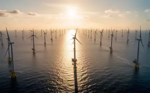 Moderne Windkraftanlagen auf dem offenen Meer bei Sonnenuntergang. - Foto: über boerse-global.de
