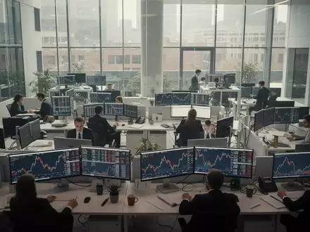 Moderne Handelsplattform mit Finanzexperten an Arbeitsplätzen vor Monitoren mit abstrakten Kursgrafiken. - Foto: über boerse-global.de
