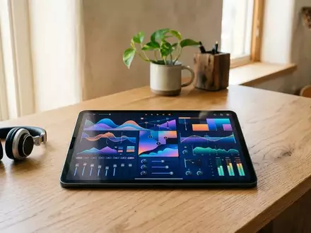 Ein iPad Pro auf einem Holztisch in einem Tonstudio, das eine Musikproduktions-App im Querformat anzeigt. - Foto: über boerse-global.de