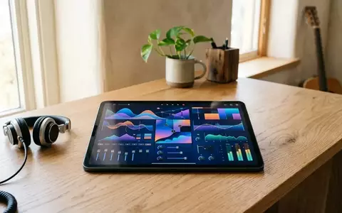 Ein iPad Pro auf einem Holztisch in einem Tonstudio, das eine Musikproduktions-App im Querformat anzeigt. - Foto: über boerse-global.de