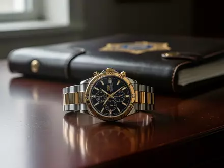 Eine hochwertige Armbanduhr aus Stahl und Gelbgold liegt auf einem dunklen Holztisch in einem Ermittlungsbüro. - Foto: über boerse-global.de