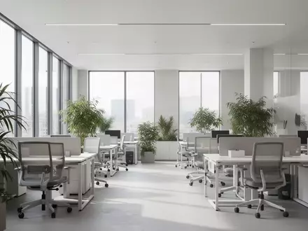 Modernes, helles Bürointerieur mit ergonomischen Möbeln und Pflanzen in einer professionellen Arbeitsumgebung. - Foto: über boerse-global.de