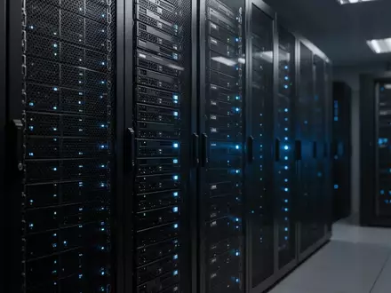 Dunkler Serverraum mit Reihen von Serverschränken und blauen Statusleuchten in einer professionellen Rechenzentrumsumgebung. - Foto: über boerse-global.de