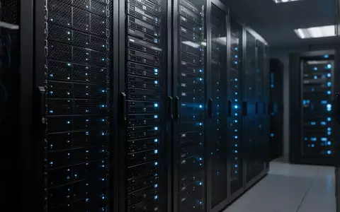 Dunkler Serverraum mit Reihen von Serverschränken und blauen Statusleuchten in einer professionellen Rechenzentrumsumgebung. - Foto: über boerse-global.de