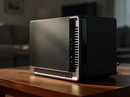 Ein moderner Heim-Router auf einem Holztisch in einem Wohnzimmer, wobei die Status-LEDs des Geräts ausgeschaltet sind. - Foto: über boerse-global.de