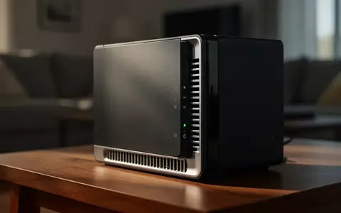 Ein moderner Heim-Router auf einem Holztisch in einem Wohnzimmer, wobei die Status-LEDs des Geräts ausgeschaltet sind. - Foto: über boerse-global.de