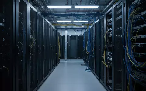 Moderne, unbesetzte Industrie-Serverräume mit blauer Beleuchtung als Symbol für Cybersicherheit in der Betriebstechnik. - Foto: über boerse-global.de