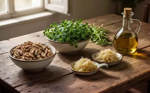 Ein hölzerner Tisch mit einer Auswahl an mediterranen Lebensmitteln wie Nüssen, Portulak und Sauerkraut bei natürlichem Licht. - Foto: über boerse-global.de