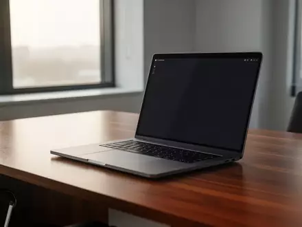 Ein minimalistischer Büroarbeitsplatz mit einem Laptop auf einem Holztisch bei natürlichem Tageslicht. - Foto: über boerse-global.de