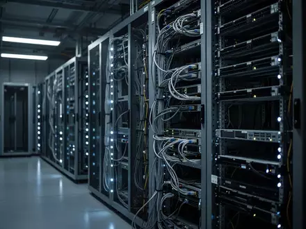 Ein dunkler Serverraum mit beleuchteten Server-Racks in einem professionellen Rechenzentrum. - Foto: über boerse-global.de
