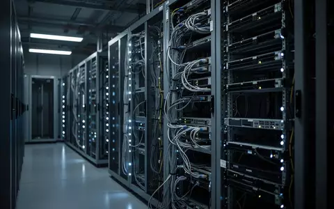 Ein dunkler Serverraum mit beleuchteten Server-Racks in einem professionellen Rechenzentrum. - Foto: über boerse-global.de