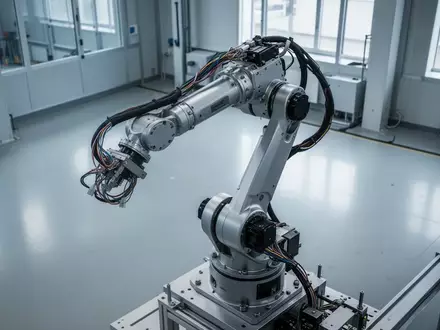 Ein unfertiger Industrieroboterarm in einer modernen Fertigungshalle mit natürlichem Lichteinfall. - Foto: über boerse-global.de