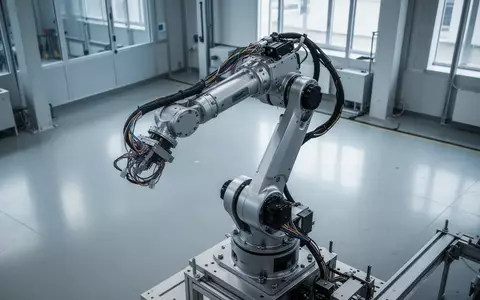 Ein unfertiger Industrieroboterarm in einer modernen Fertigungshalle mit natürlichem Lichteinfall. - Foto: über boerse-global.de