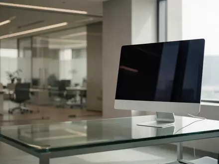 Ein leerer, moderner Büroarbeitsplatz mit einem ausgeschalteten Monitor vor einem Fenster. - Foto: über boerse-global.de