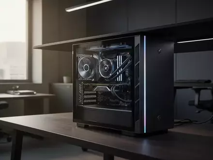 Ein moderner Computer-Arbeitsplatz in einem minimalistischen Büro mit einem PC-Tower unter dem Schreibtisch. - Foto: über boerse-global.de