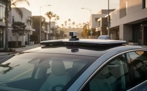 Ein modernes autonomes Fahrzeug mit integrierter Sensortechnik parkt an einer Straße in San Diego bei Sonnenuntergang. - Foto: über boerse-global.de