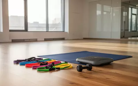 Ordentlich angeordnete Fitnessgeräte wie Therabänder, Hanteln und ein Balance-Pad in einem hellen Sportraum. - Foto: über boerse-global.de