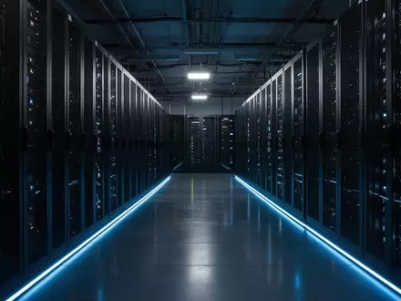 Ein moderner, dunkel gehaltener Serverraum mit beleuchteten Server-Racks und kühler, blauer LED-Ambientebeleuchtung. - Foto: über boerse-global.de