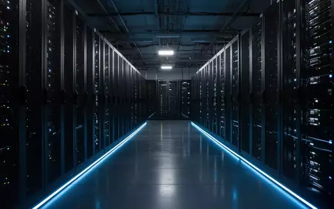 Ein moderner, dunkel gehaltener Serverraum mit beleuchteten Server-Racks und kühler, blauer LED-Ambientebeleuchtung. - Foto: über boerse-global.de
