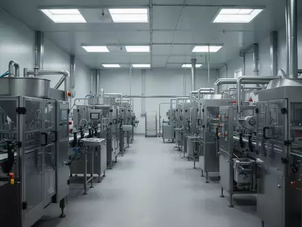 Moderne, leere Produktionshalle in einem Lebensmittelbetrieb mit Edelstahlmaschinen bei natürlichem Licht. - Foto: über boerse-global.de