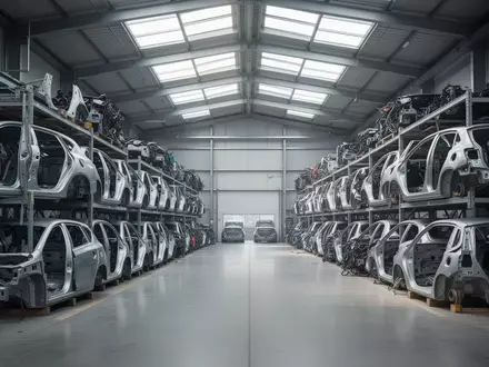 Modernes, aufgeräumtes Recyclingwerk für Altfahrzeuge mit sortierten Autokarosserien in einer industriellen Halle. - Foto: über boerse-global.de