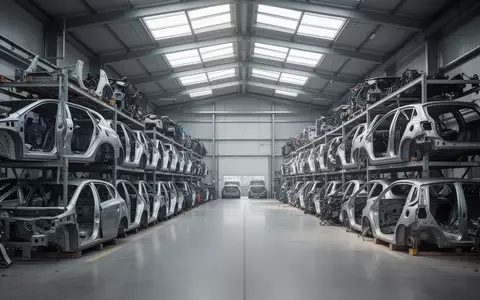 Modernes, aufgeräumtes Recyclingwerk für Altfahrzeuge mit sortierten Autokarosserien in einer industriellen Halle. - Foto: über boerse-global.de