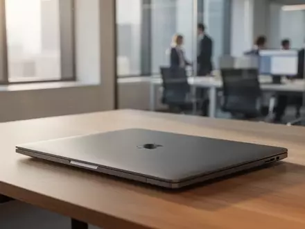 Ein moderner, minimalistischer Arbeitsplatz mit einem geschlossenen Laptop auf einem Holztisch in einer hellen Büroumgebung. - Foto: über boerse-global.de