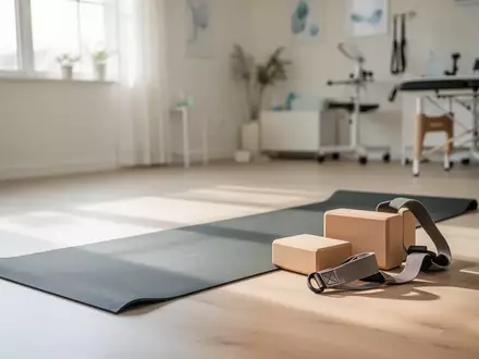 Eine Yogamatte mit zwei Holzklötzen und einem Übungsband auf einem hellen Holzboden in einem hellen, ruhigen Behandlungsraum. - Foto: über boerse-global.de