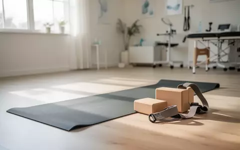 Eine Yogamatte mit zwei Holzklötzen und einem Übungsband auf einem hellen Holzboden in einem hellen, ruhigen Behandlungsraum. - Foto: über boerse-global.de