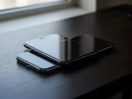Ein Smartphone auf einem dunklen Holztisch mit ausgeschaltetem Bildschirm in einer modernen, minimalistischen Umgebung. - Foto: über boerse-global.de
