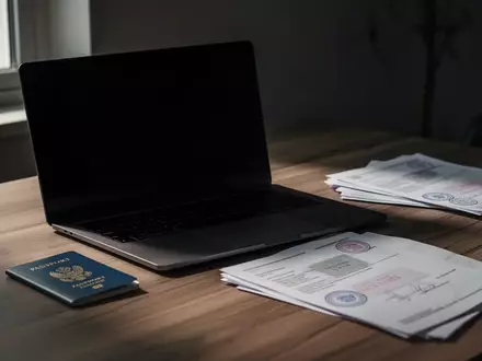 Ein Laptop und Reisepass liegen auf einem Schreibtisch, symbolisch für Online-Betrug bei Visums- und Arbeitsangeboten. - Foto: über boerse-global.de