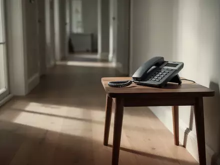 Ein modernes Festnetztelefon auf einem Holztisch in einem hellen Flur, symbolisch für Telefonbetrug. - Foto: über boerse-global.de